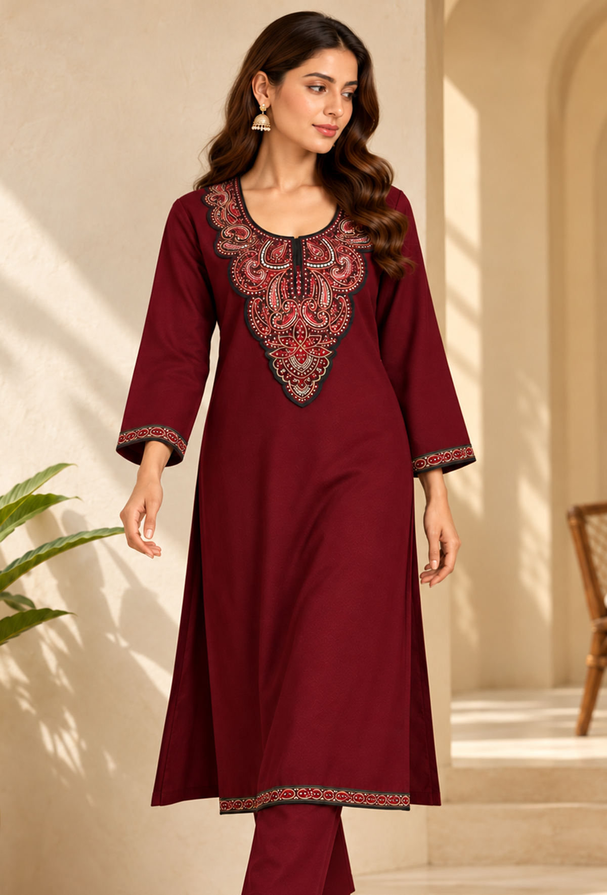 Aafreen Maroon Straight-Fit Cashmilon Kashmiri Embroidered Lace Phiran - Free Size サイズ フリーサイズ