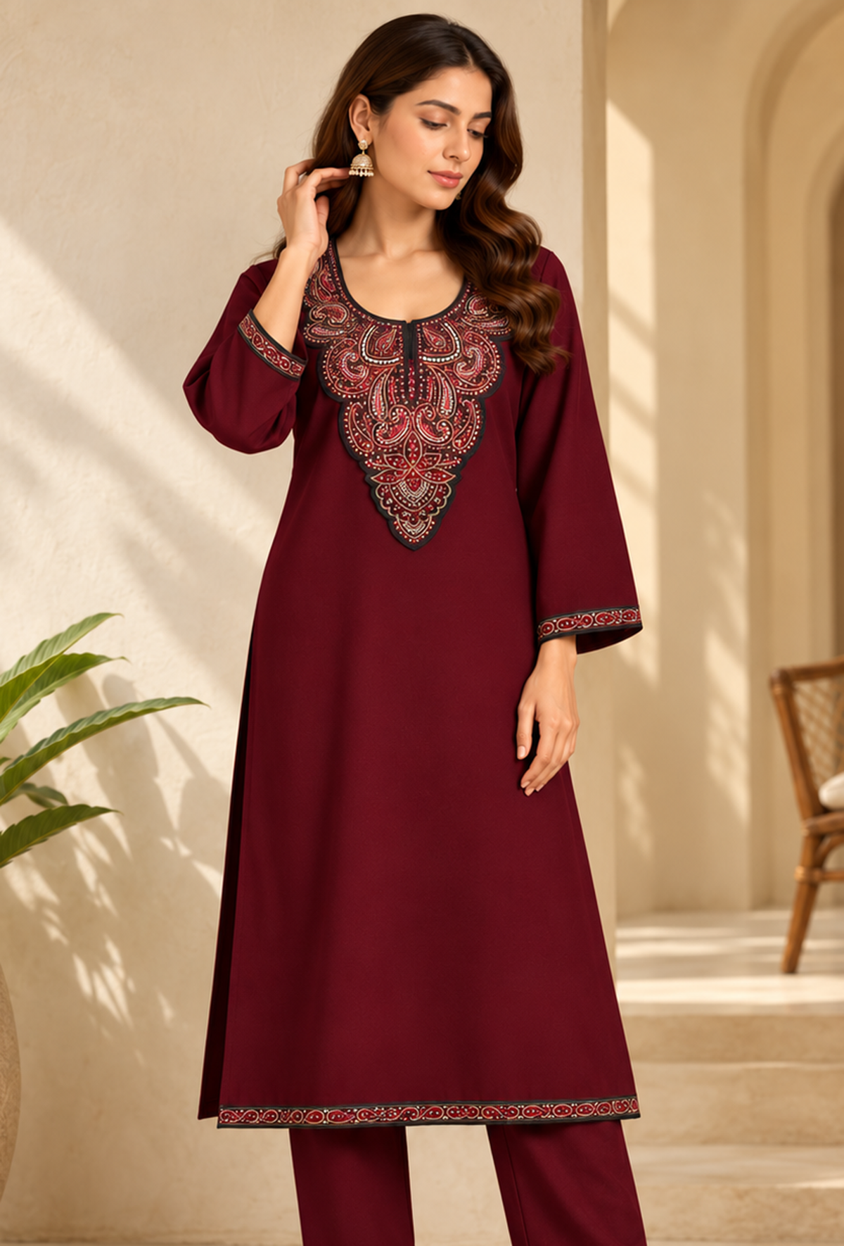 Aafreen Maroon Straight-Fit Cashmilon Kashmiri Embroidered Lace Phiran - Free Size サイズ フリーサイズ