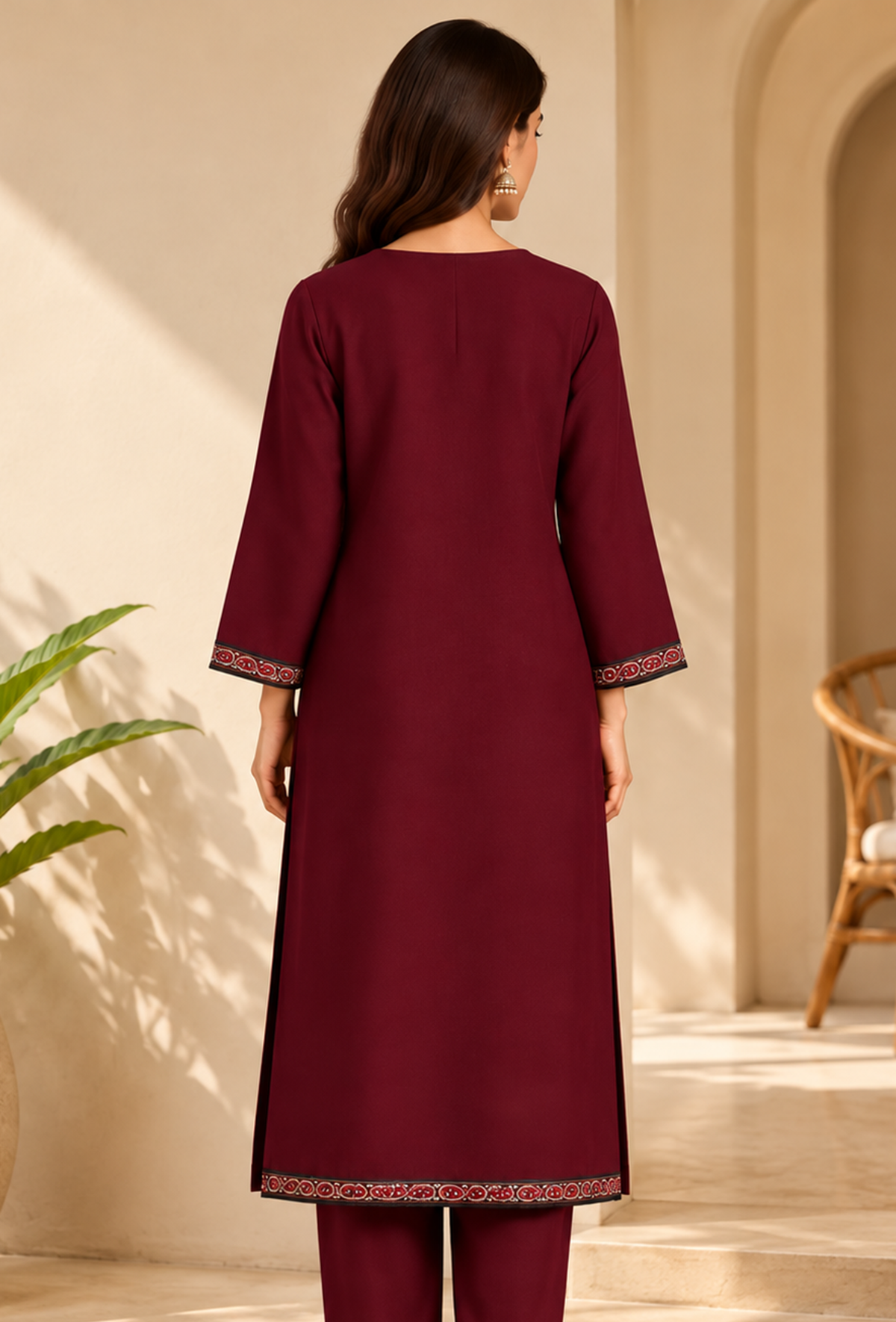 Aafreen Maroon Straight-Fit Cashmilon Kashmiri Embroidered Lace Phiran - Free Size サイズ フリーサイズ