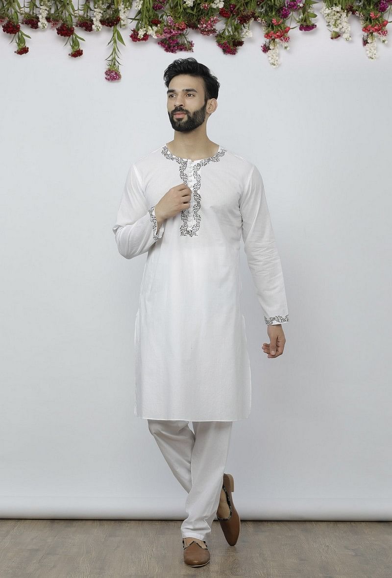 Set of 2: White Cotton Block Print Kurta and Salwar サイズ 36