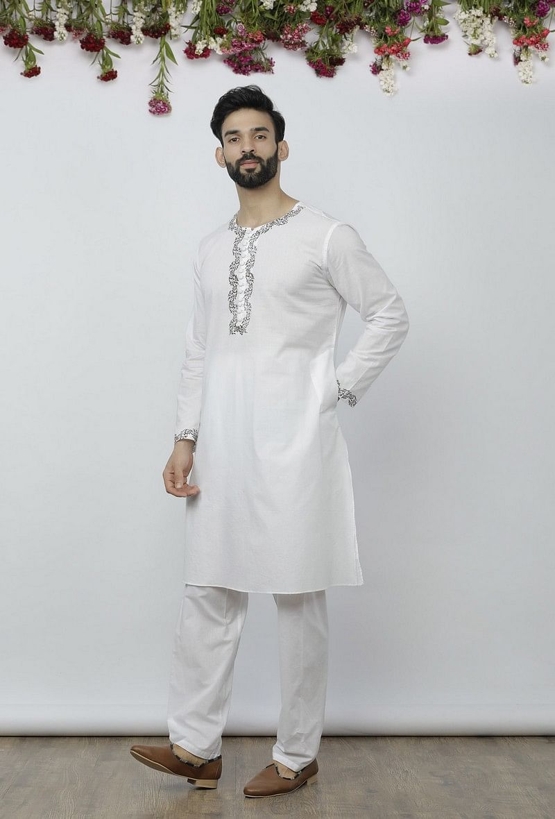 Set of 2: White Cotton Block Print Kurta and Salwar サイズ 36