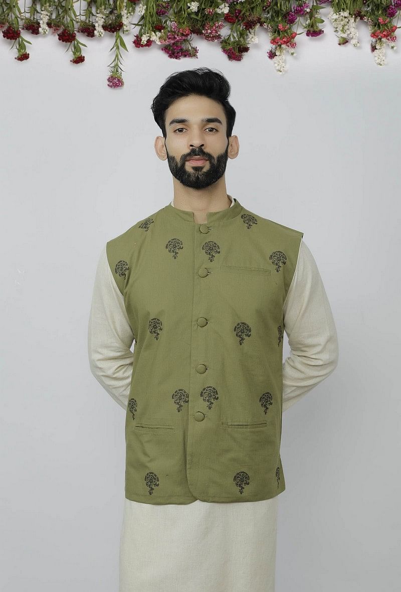 Olive Green Cotton Nehru Block Print Jacket サイズ 38