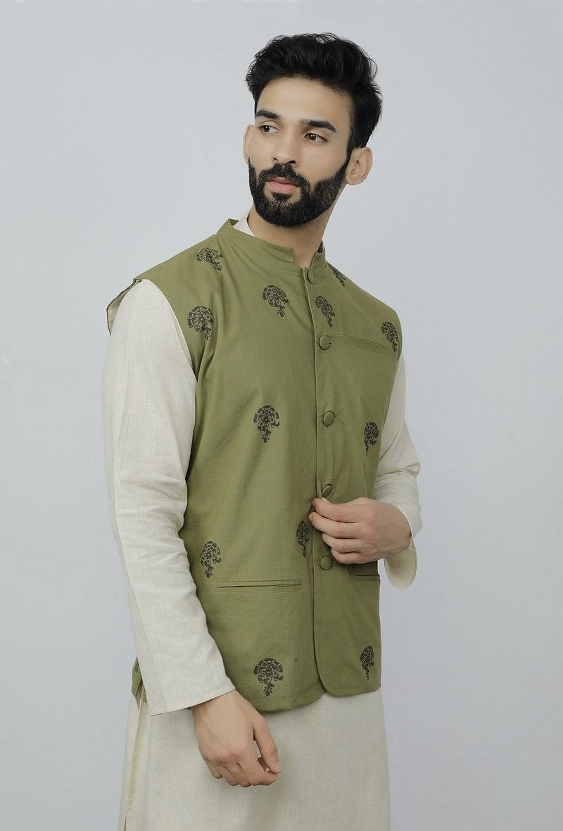 Olive Green Cotton Nehru Block Print Jacket サイズ 36