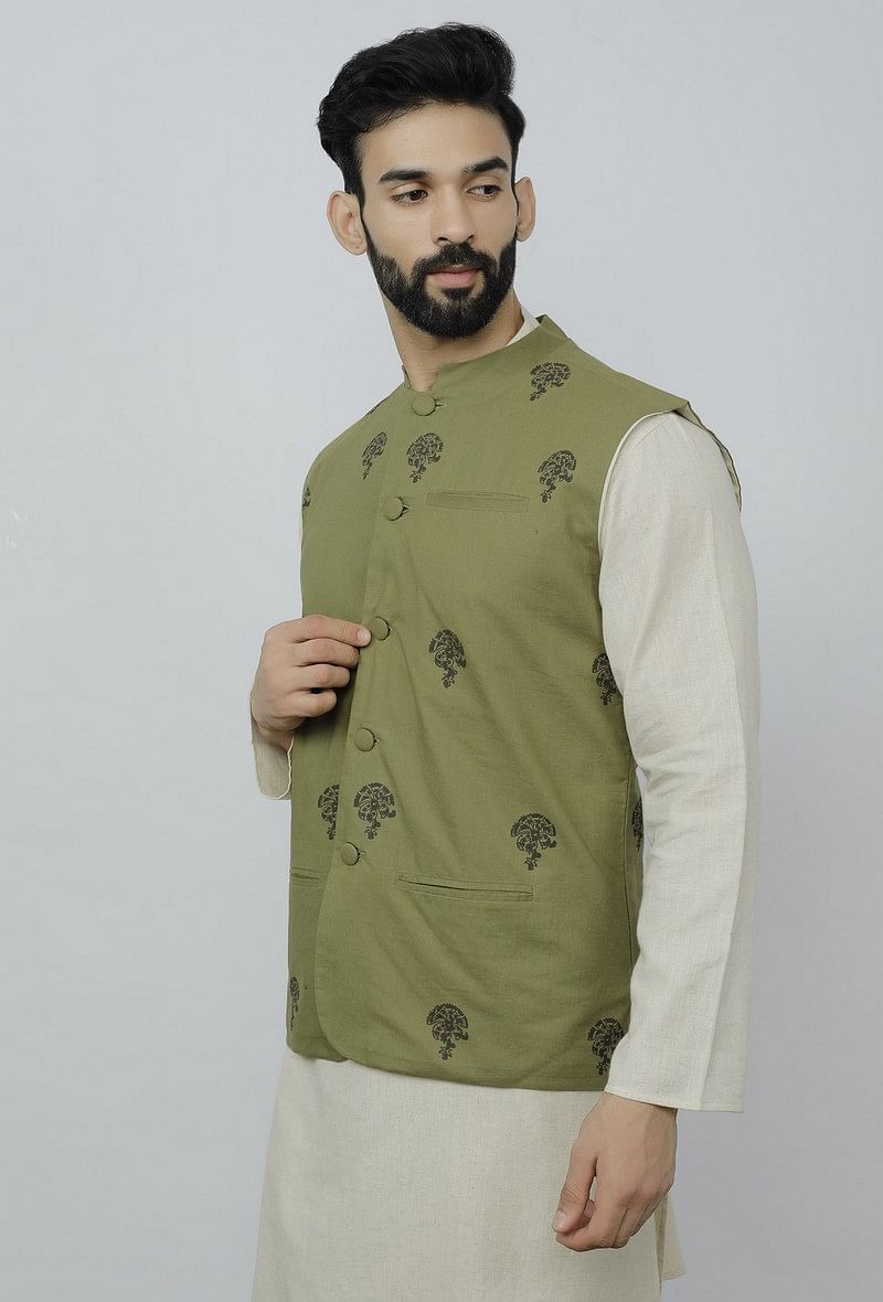 Olive Green Cotton Nehru Block Print Jacket サイズ 38