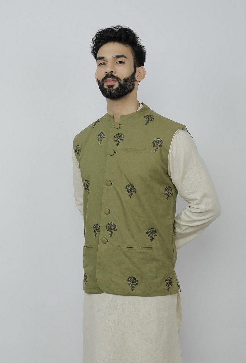 Olive Green Cotton Nehru Block Print Jacket サイズ 36