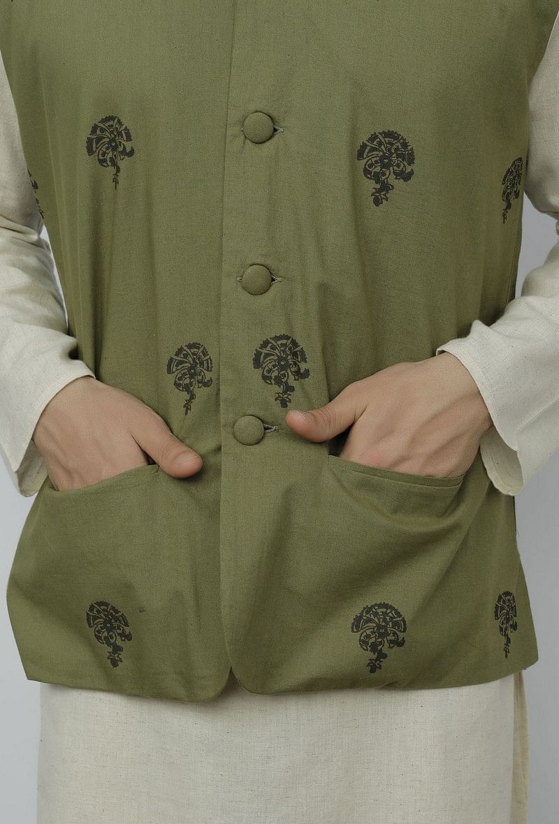 Olive Green Cotton Nehru Block Print Jacket サイズ 36