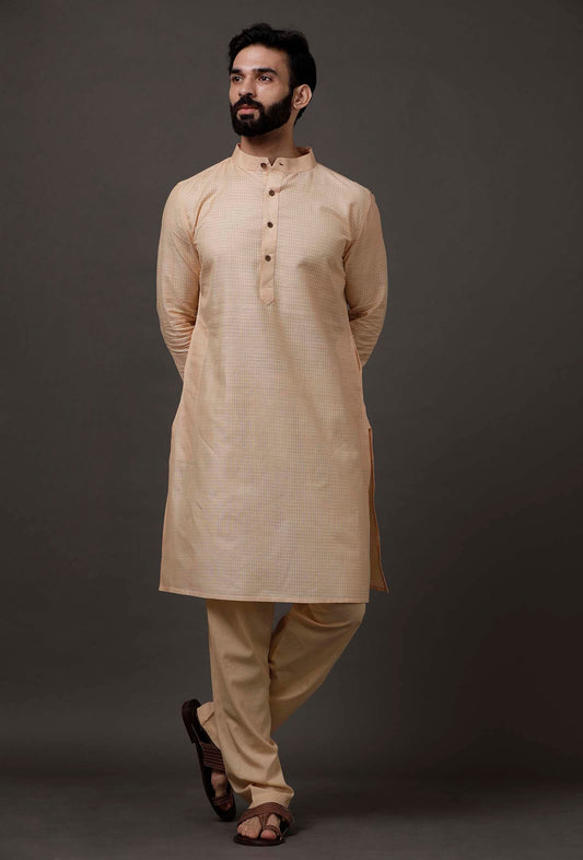 Set of 2: Beige Cotton Silk Check Kurta Pajama サイズ 44