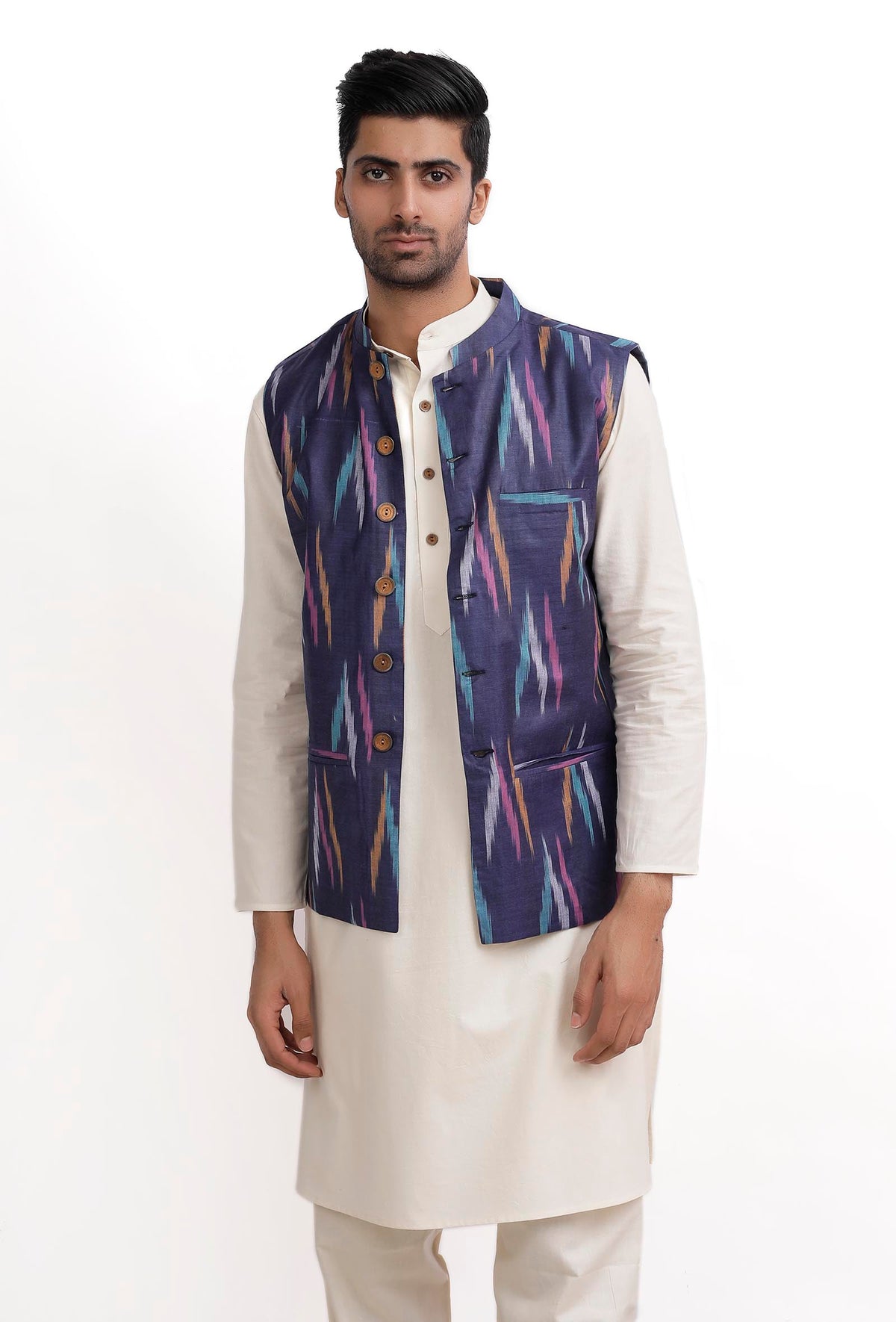 Azure Blue Ikat Nehru Jacket サイズ 38