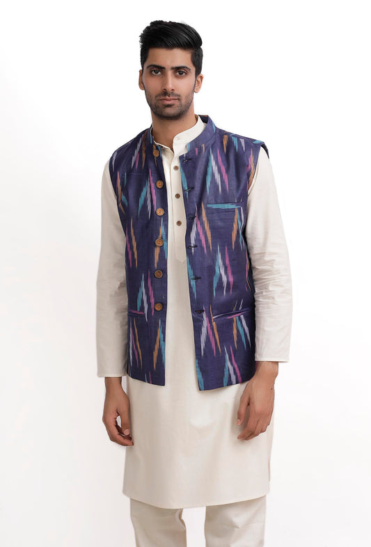 Azure Blue Ikat Nehru Jacket サイズ 38