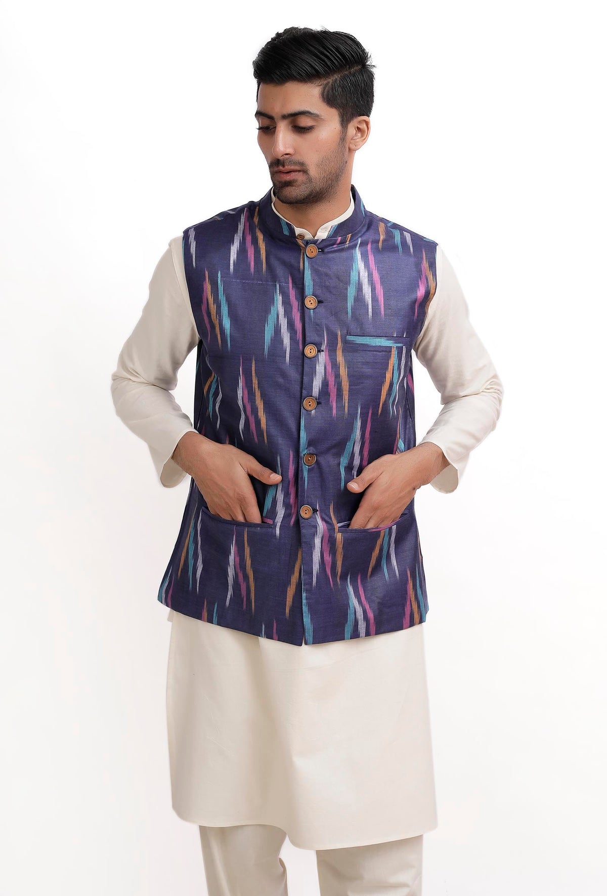 Azure Blue Ikat Nehru Jacket サイズ 38