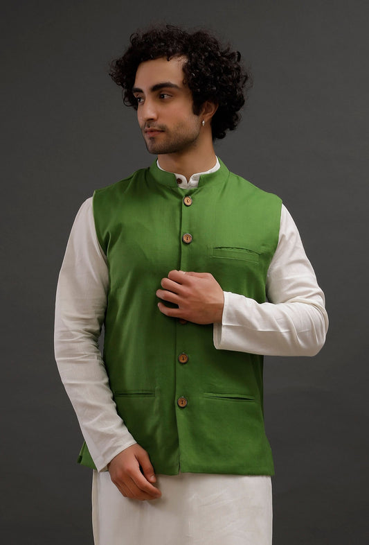 Parrot Green Woollen Blend Nehru Jacket サイズ 44
