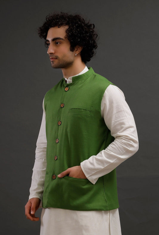 Parrot Green Woollen Blend Nehru Jacket サイズ 44