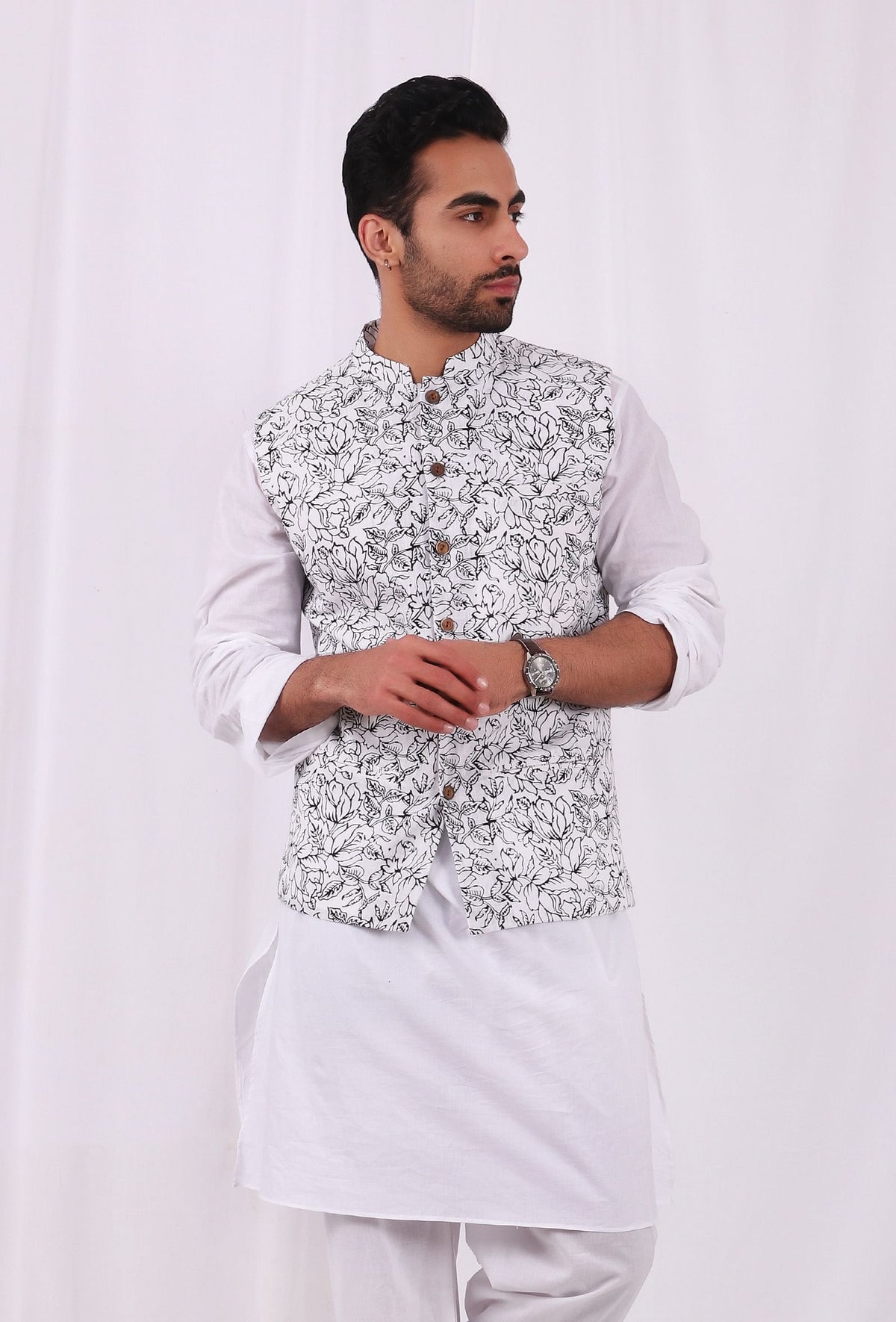 Black and White Floral Hand Block Cotton Nehru Jacket サイズ 48