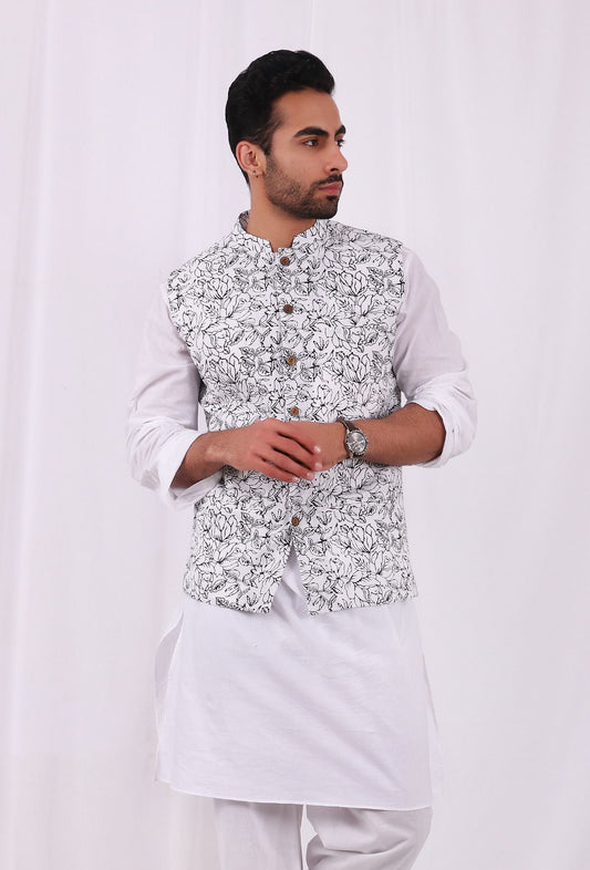 Black and White Floral Hand Block Cotton Nehru Jacket サイズ 48