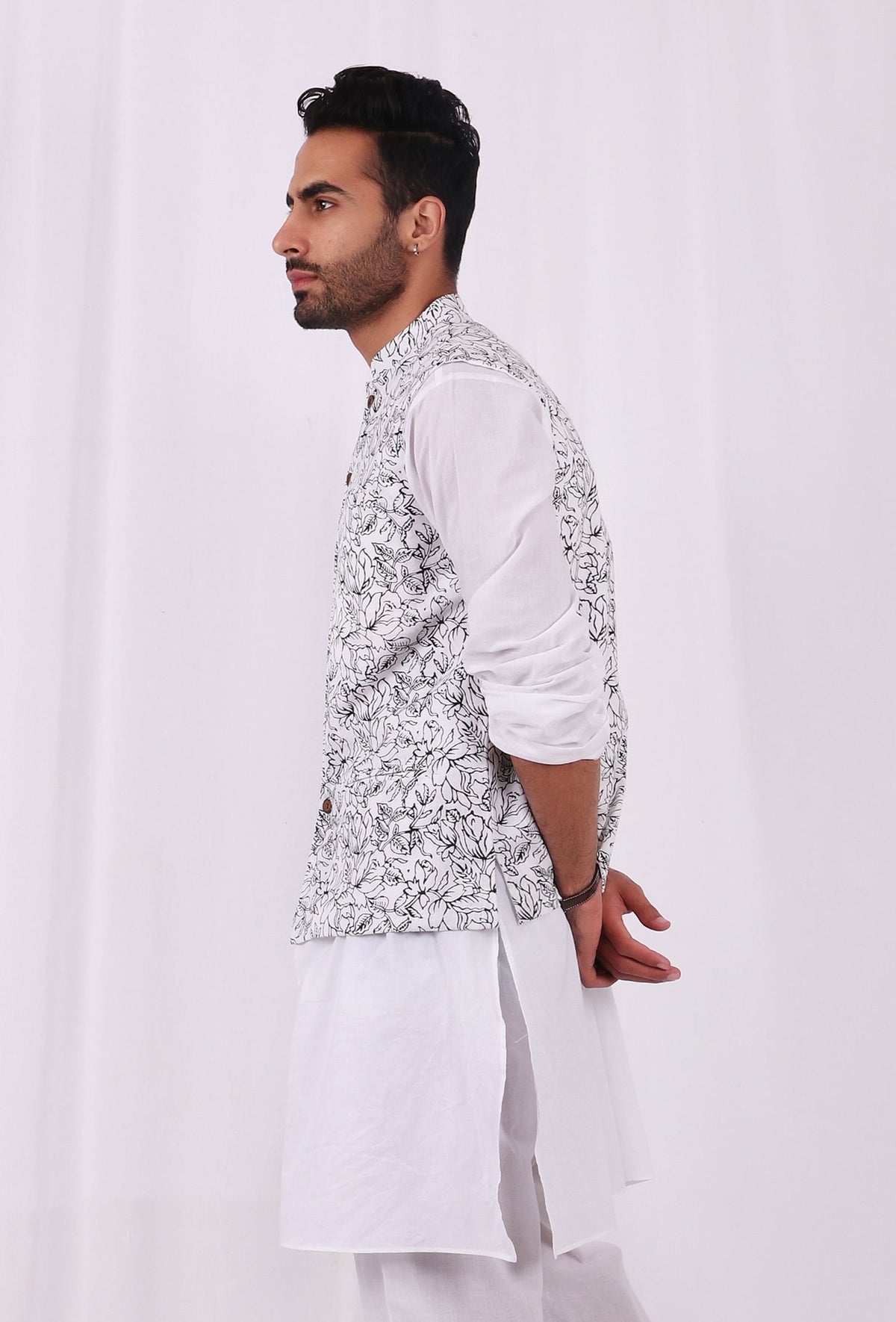 Black and White Floral Hand Block Cotton Nehru Jacket サイズ 48