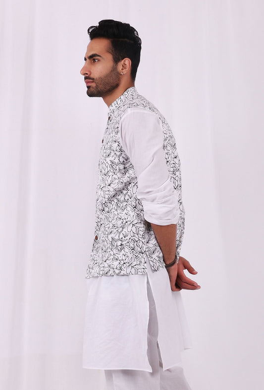 Black and White Floral Hand Block Cotton Nehru Jacket サイズ 48