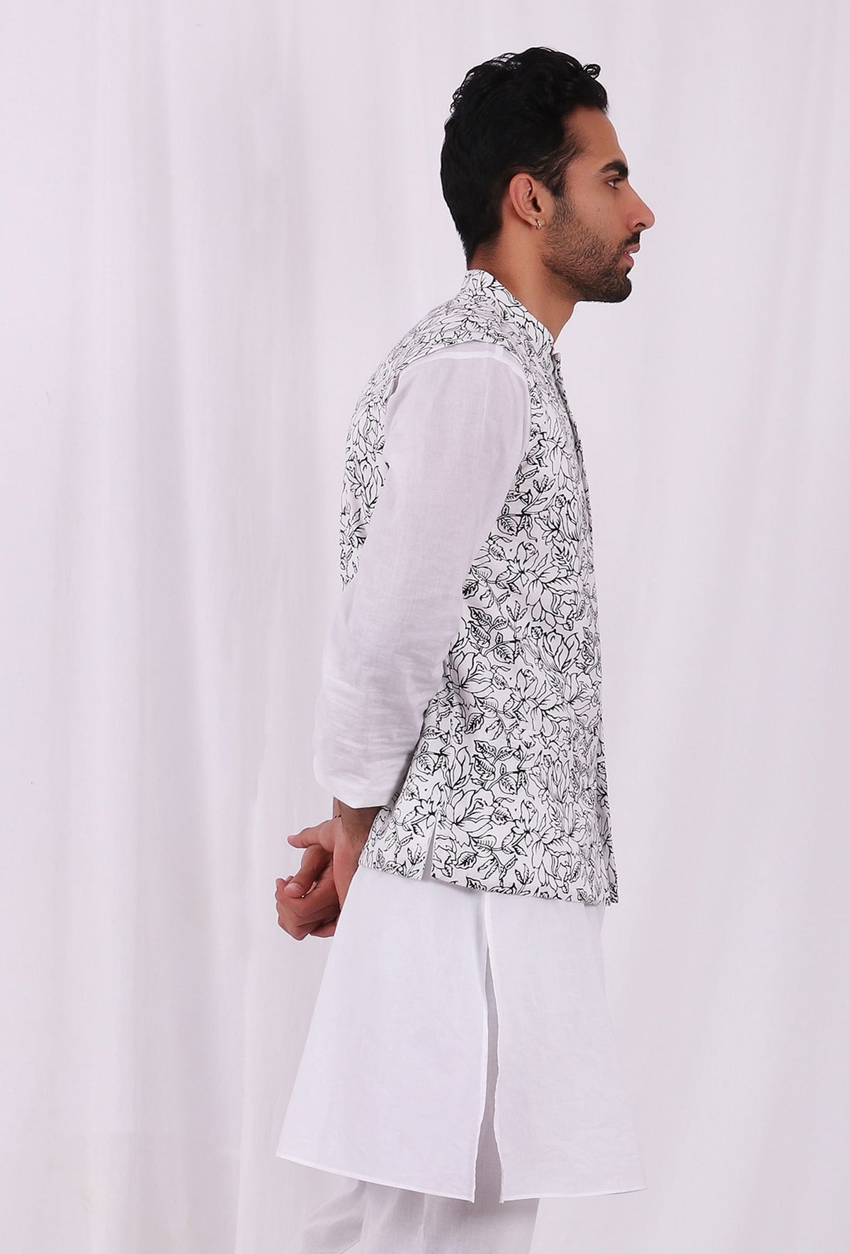 Black and White Floral Hand Block Cotton Nehru Jacket サイズ 48