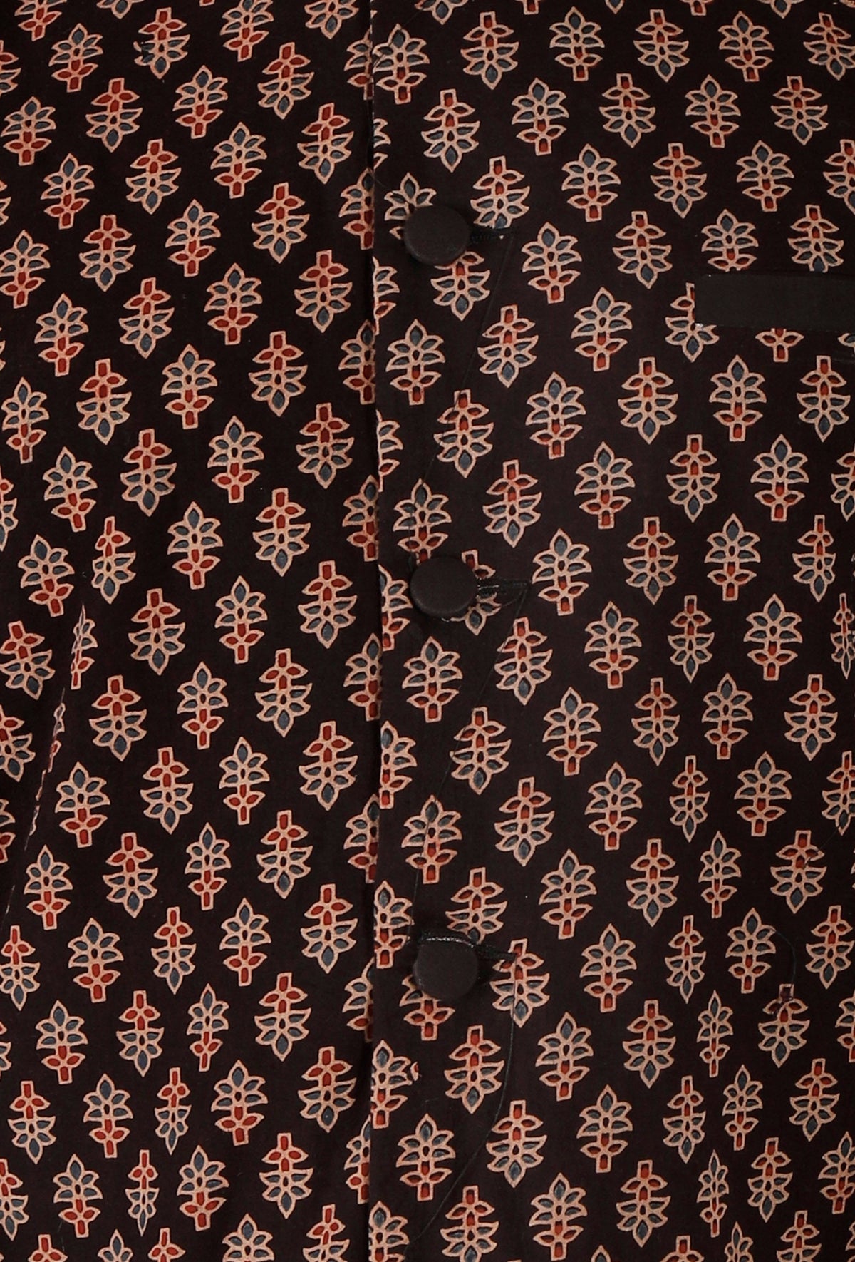 Black Ajrakh Print Cotton Sleeveless Nehru Jacket With Pockets サイズ 46