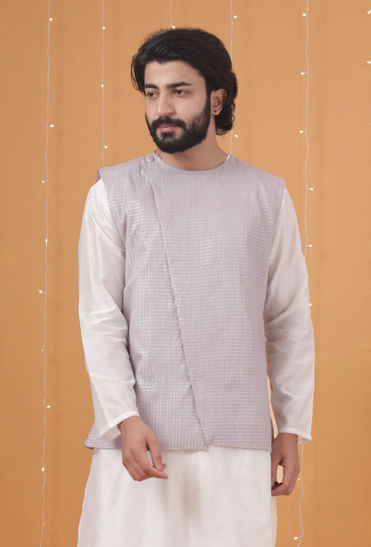 Lavender Chanderi Slant Overlapped Checkered Nehru Jacket サイズ 40
