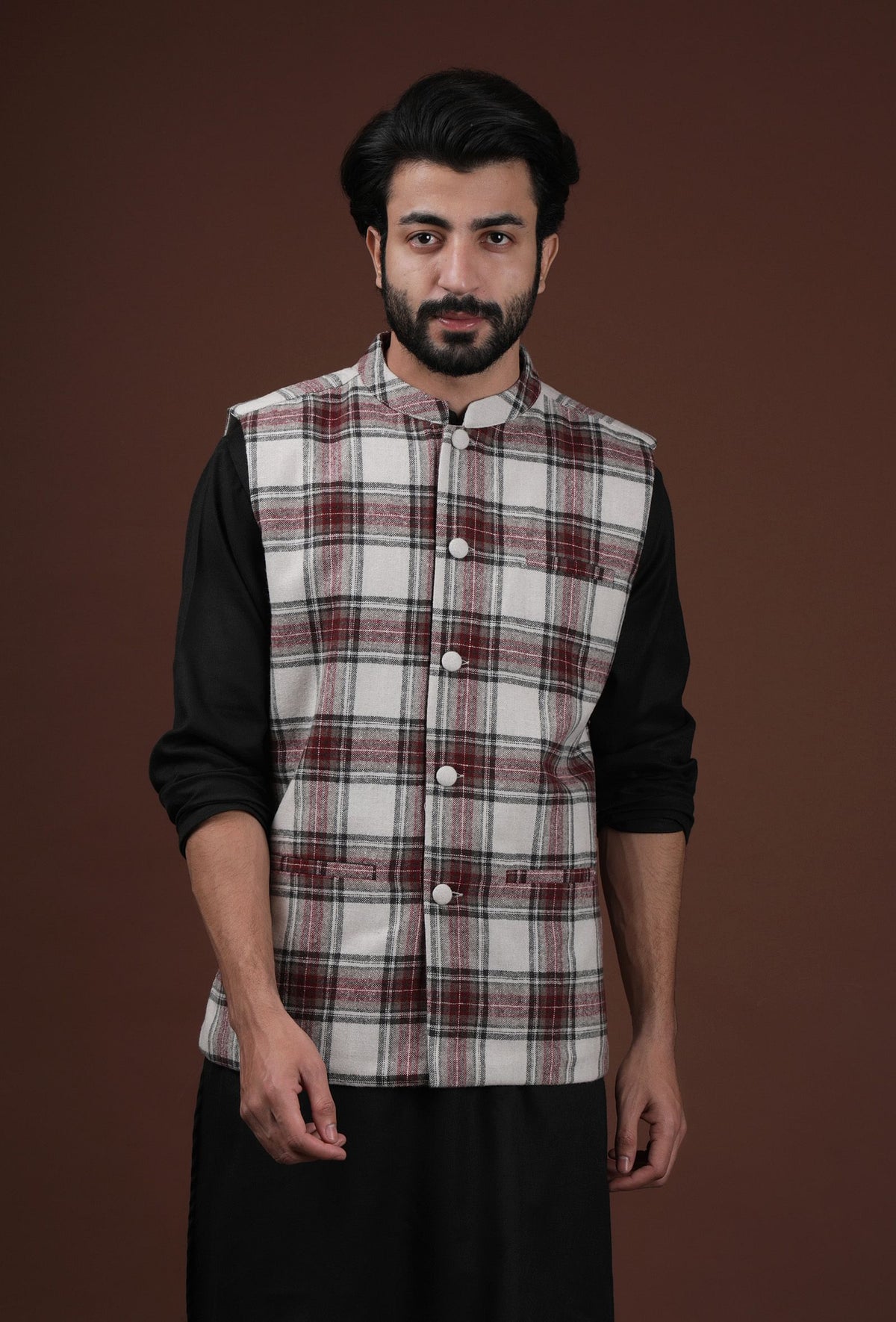 White Woven Tartan Checks Woolen Nehru Jacket With Pockets サイズ 36