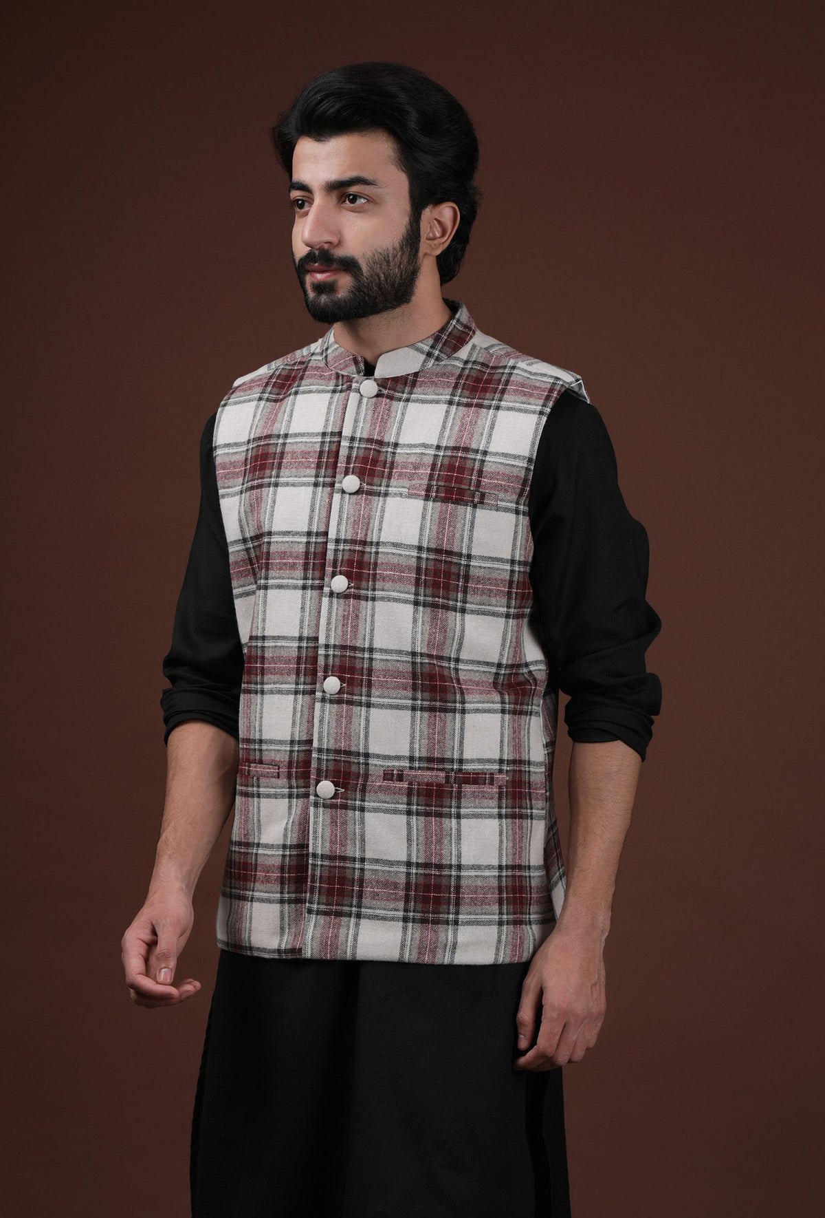 White Woven Tartan Checks Woolen Nehru Jacket With Pockets サイズ 36