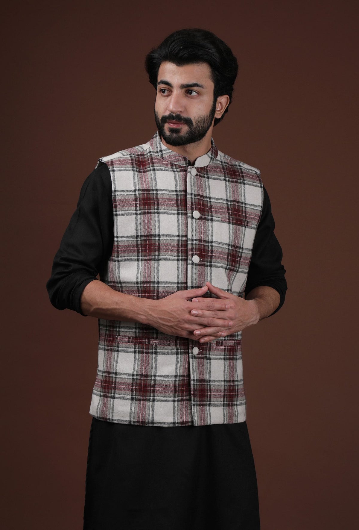 White Woven Tartan Checks Woolen Nehru Jacket With Pockets サイズ 36