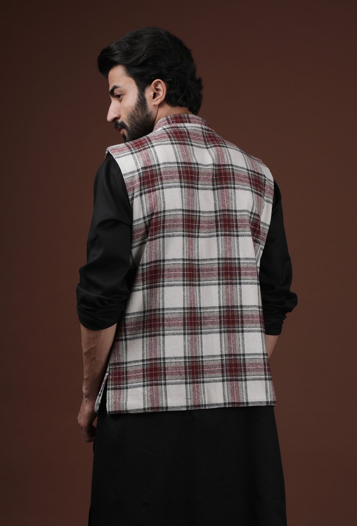 White Woven Tartan Checks Woolen Nehru Jacket With Pockets サイズ 36