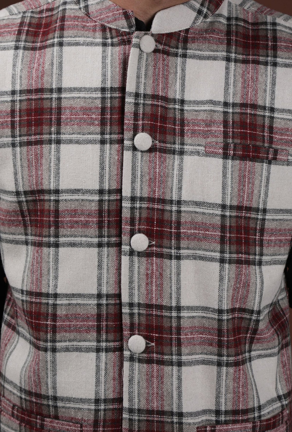 White Woven Tartan Checks Woolen Nehru Jacket With Pockets サイズ 36