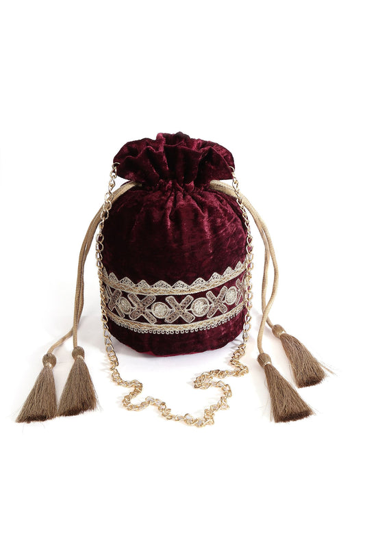 Dark Maroon Velvet Tila Embroidery Potli