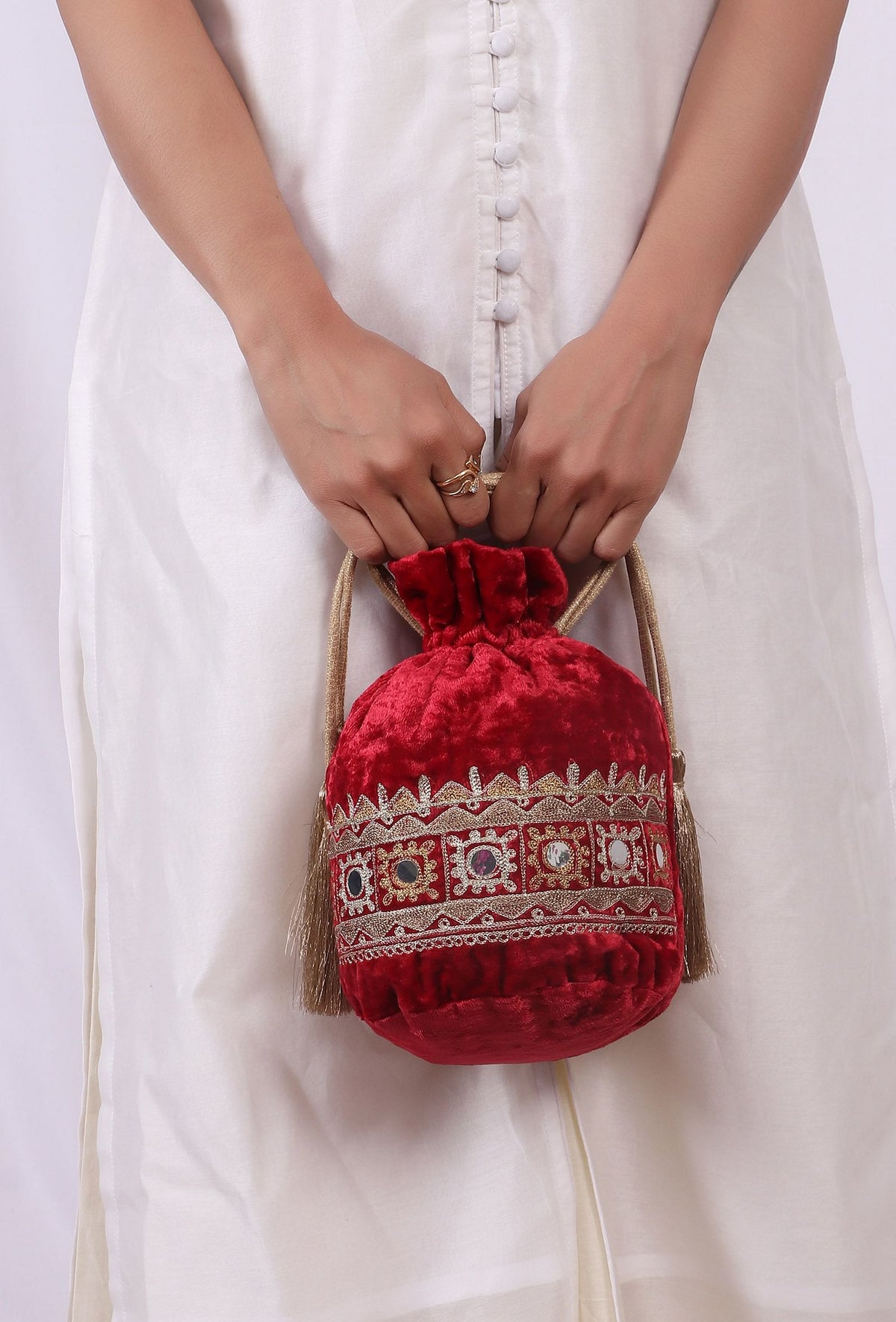 Red Velvet Tila Embroidery Potli