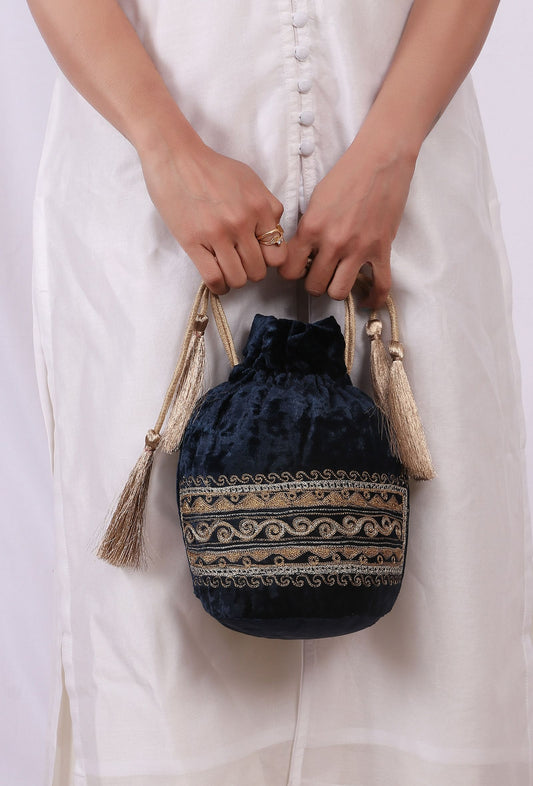 Auster Blue Velvet Tila Embroidery Potli