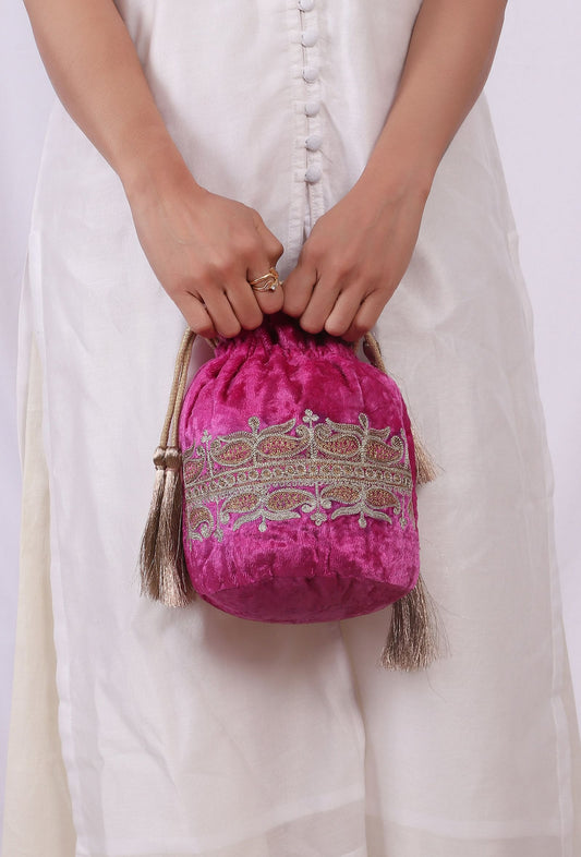 Rose Pink Velvet Tila Embroidery Potli