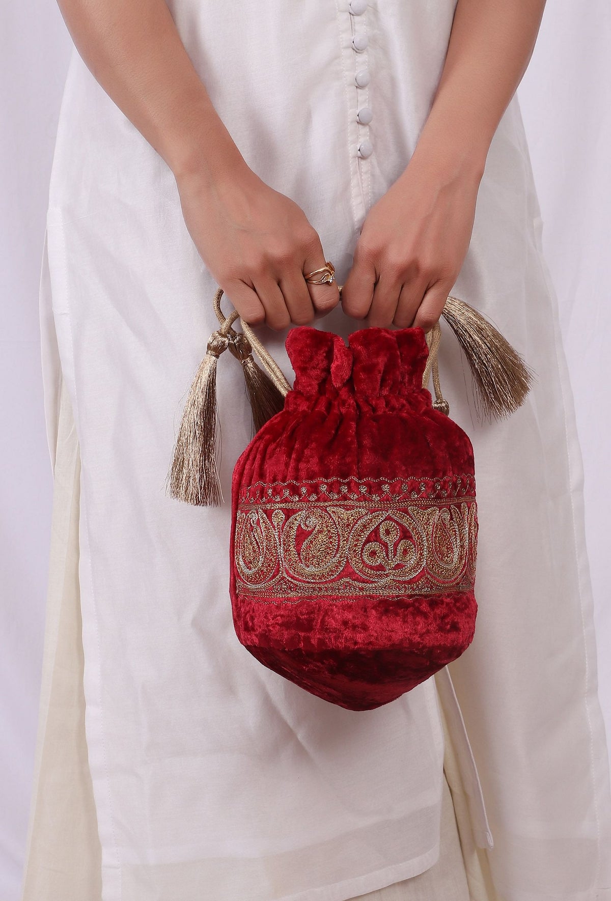 Cherry Red Velvet Tila Embroidery Potli