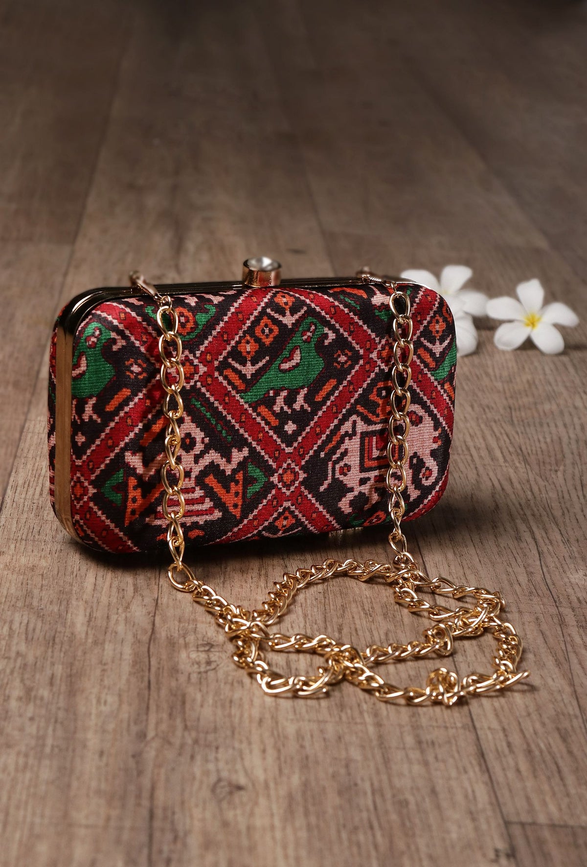 Tia Black & Multi Patola Print Rectangular Box Clutch