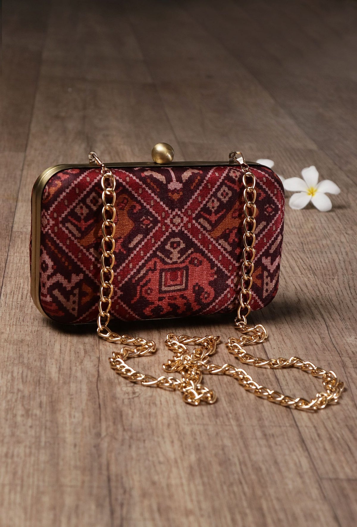Bella Maroon & Multi Patola Print Rectangular Box Clutch