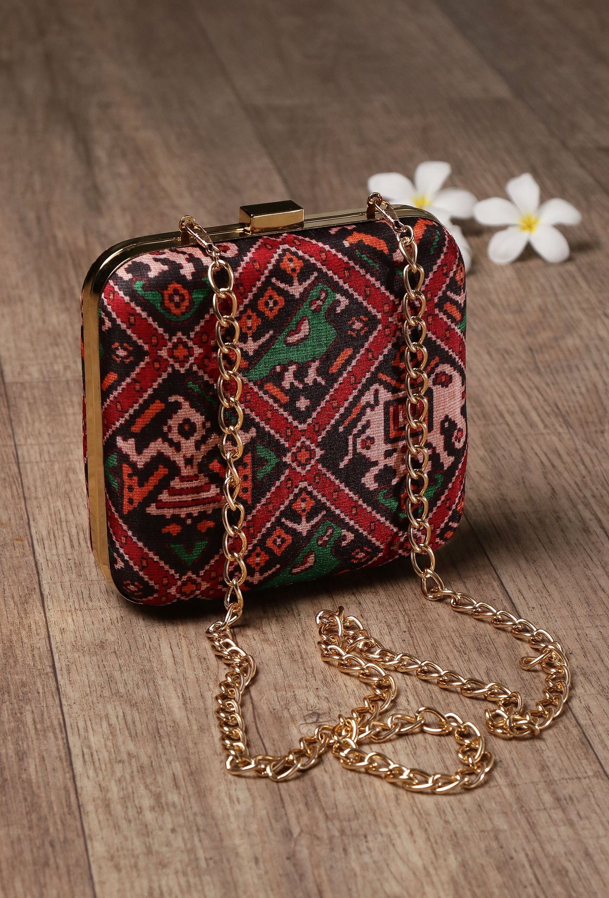 Afraa Black & Multi Patola Print Rectangular Box Clutch