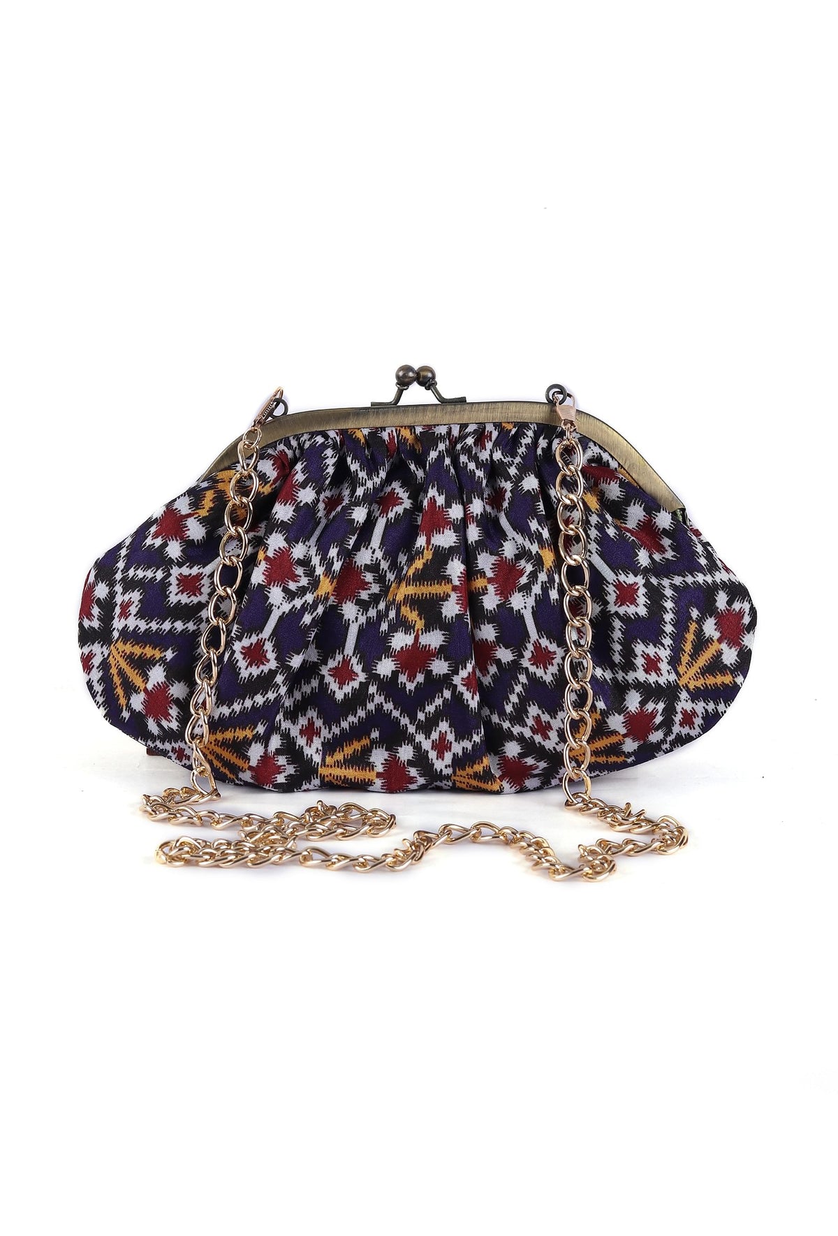 White, Blue & Multi Silk Patola Print Gathered Clutch