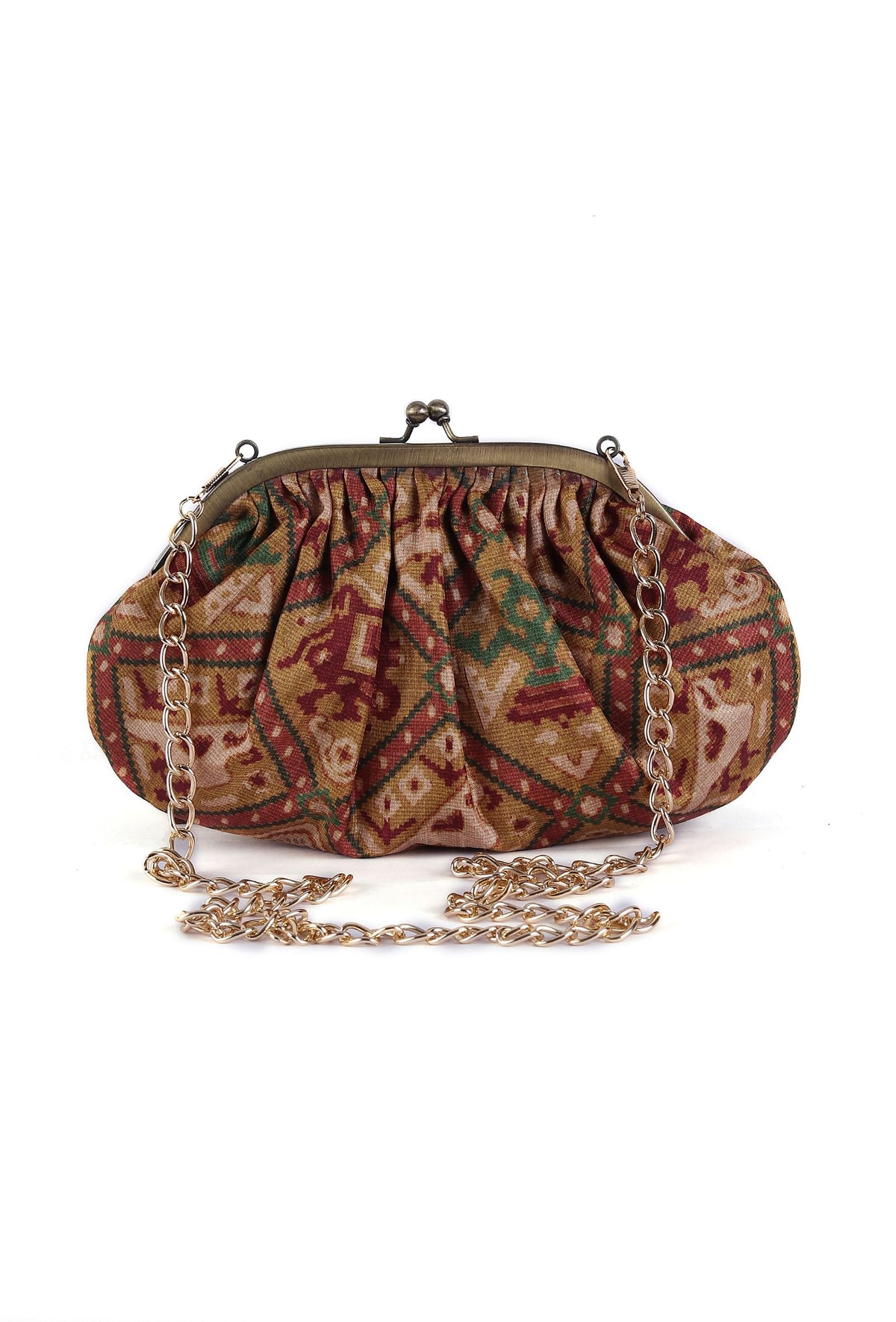 Golden & Multi Silk Patola Print Gathered Clutch