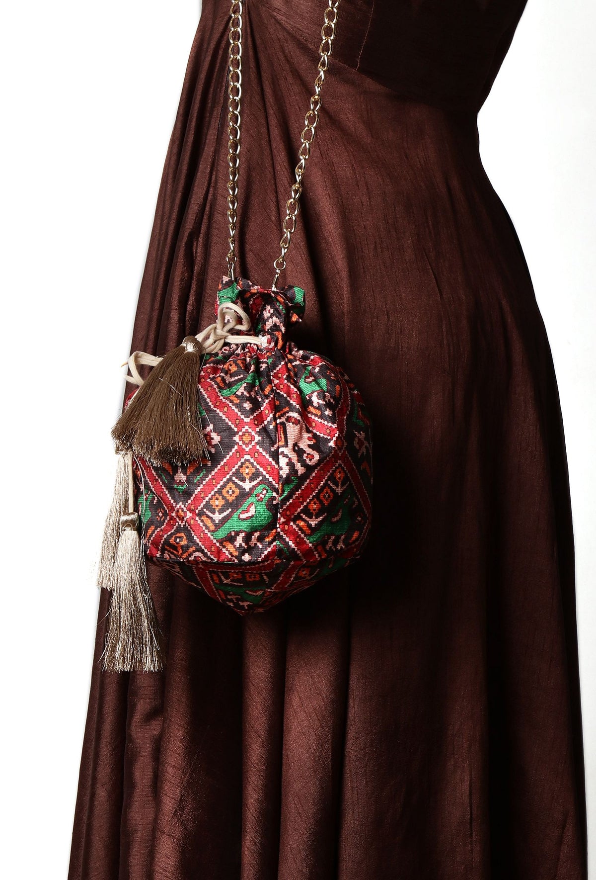 Aarna Green, Red & Multi Silk Patola Print Potli With Tassels