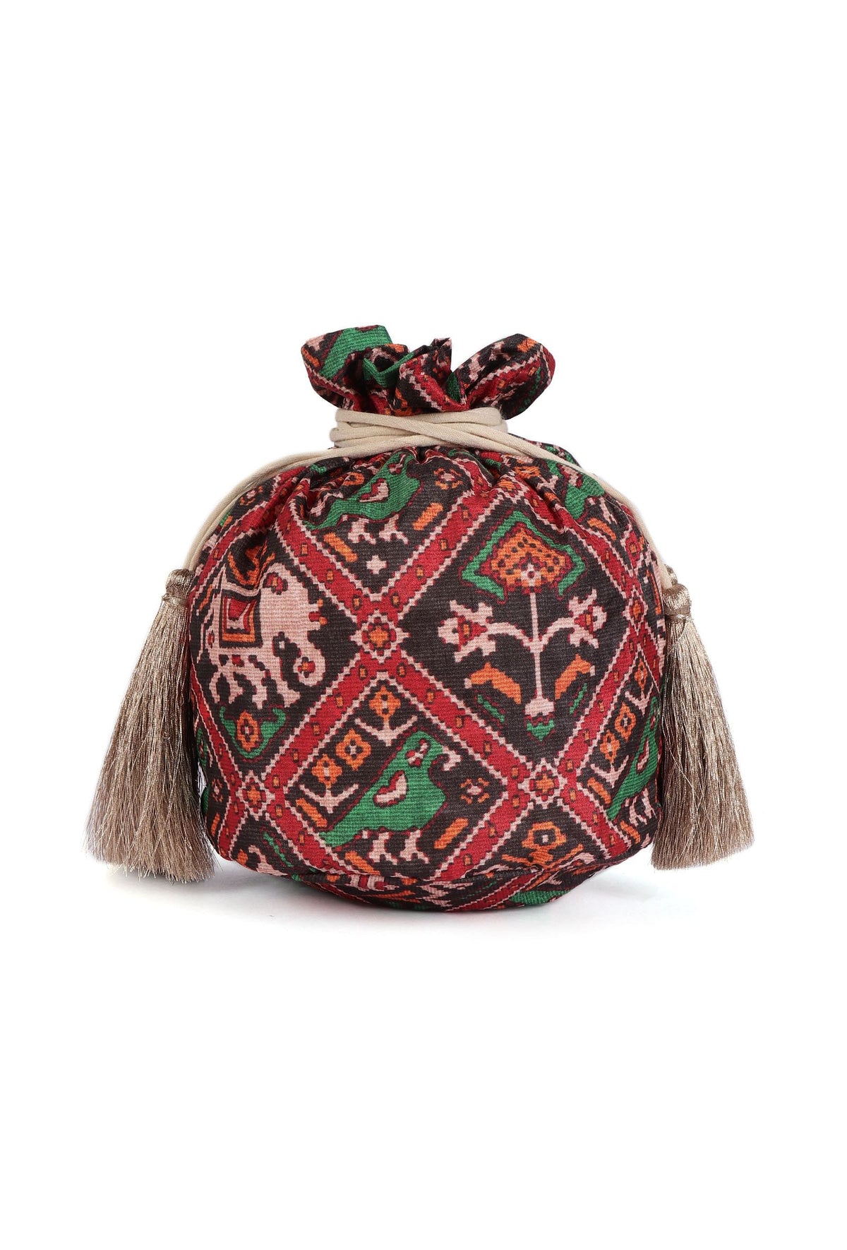 Aarna Green, Red & Multi Silk Patola Print Potli With Tassels