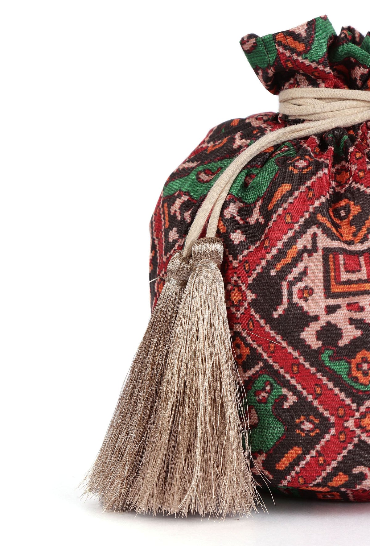 Aarna Green, Red & Multi Silk Patola Print Potli With Tassels