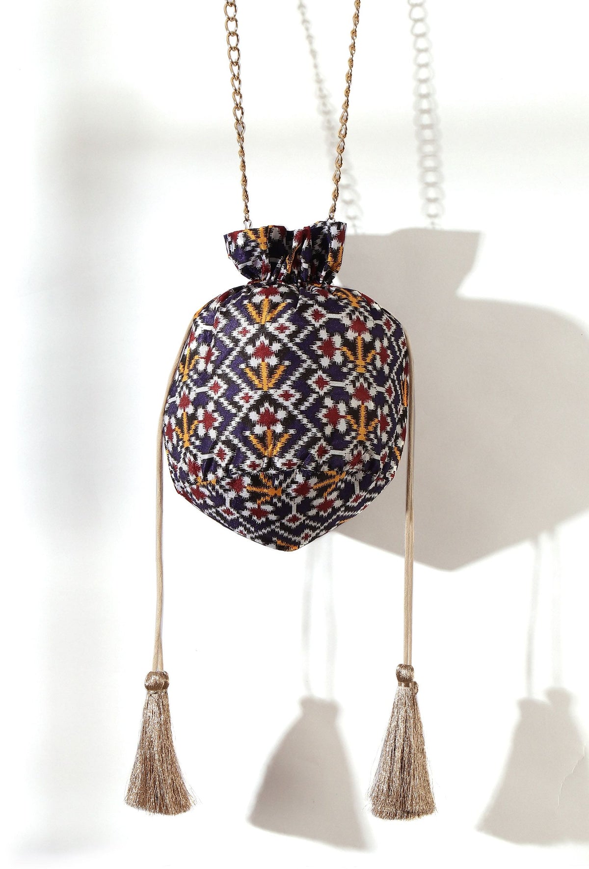 Chahat Blue, White & Multi Silk Patola Print Potli With Tassels
