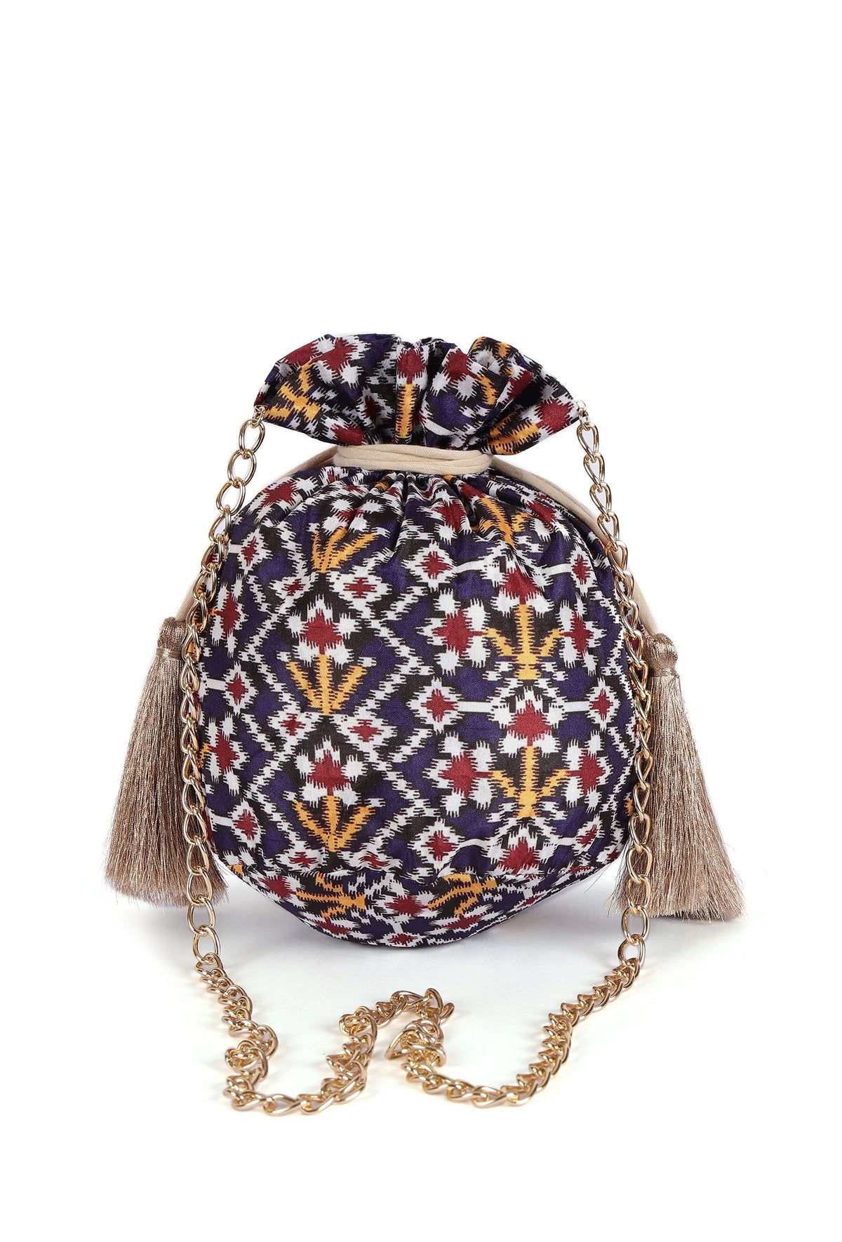 Chahat Blue, White & Multi Silk Patola Print Potli With Tassels