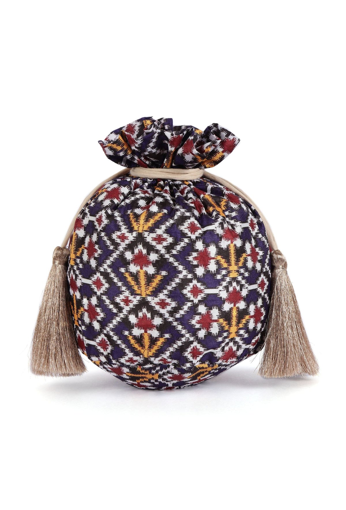 Chahat Blue, White & Multi Silk Patola Print Potli With Tassels