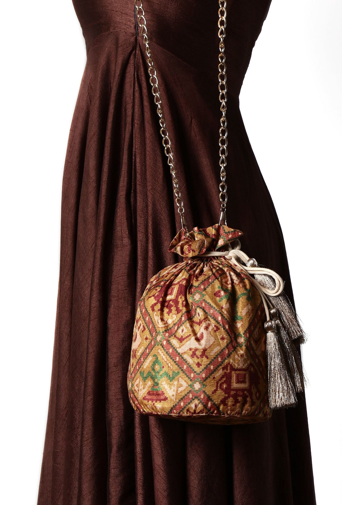 Chhaya Golden & Multi Silk Patola Print Potli With Tassels