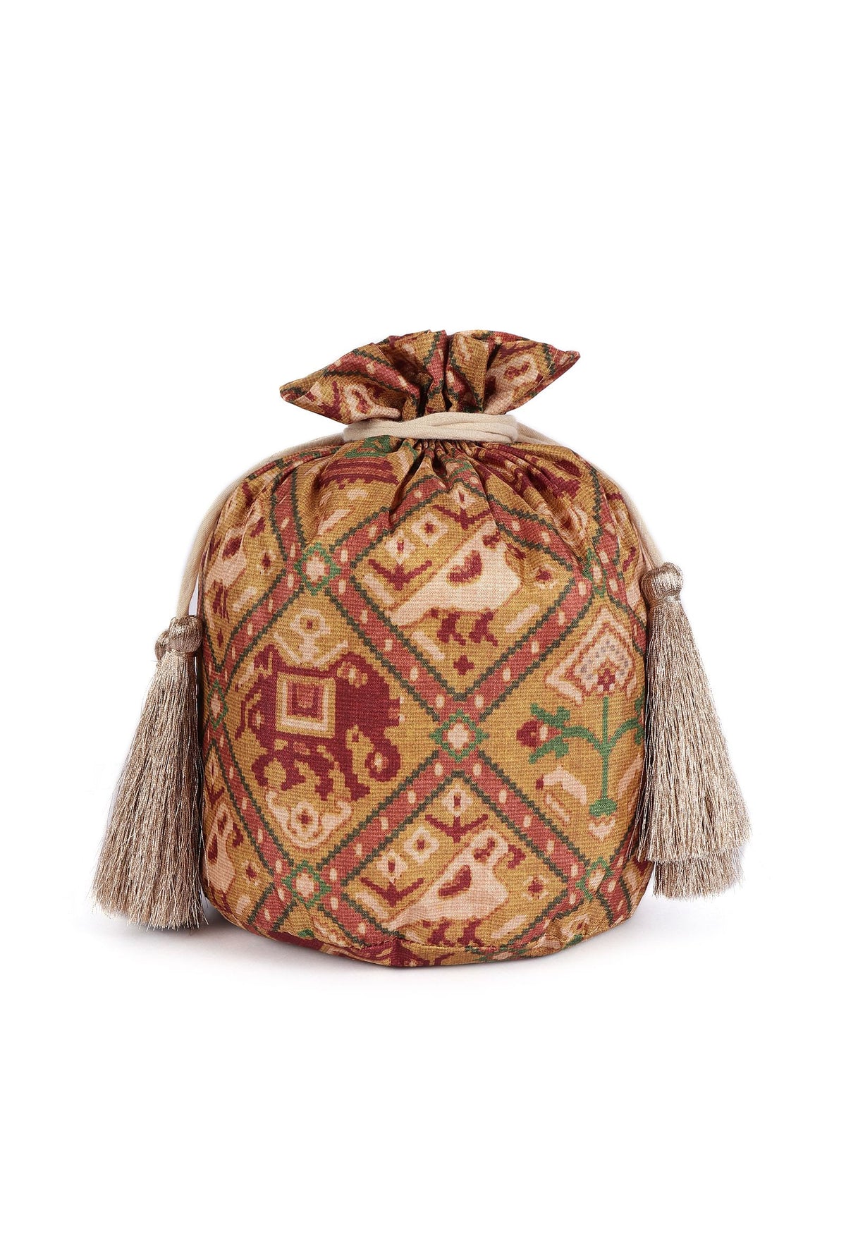 Chhaya Golden & Multi Silk Patola Print Potli With Tassels