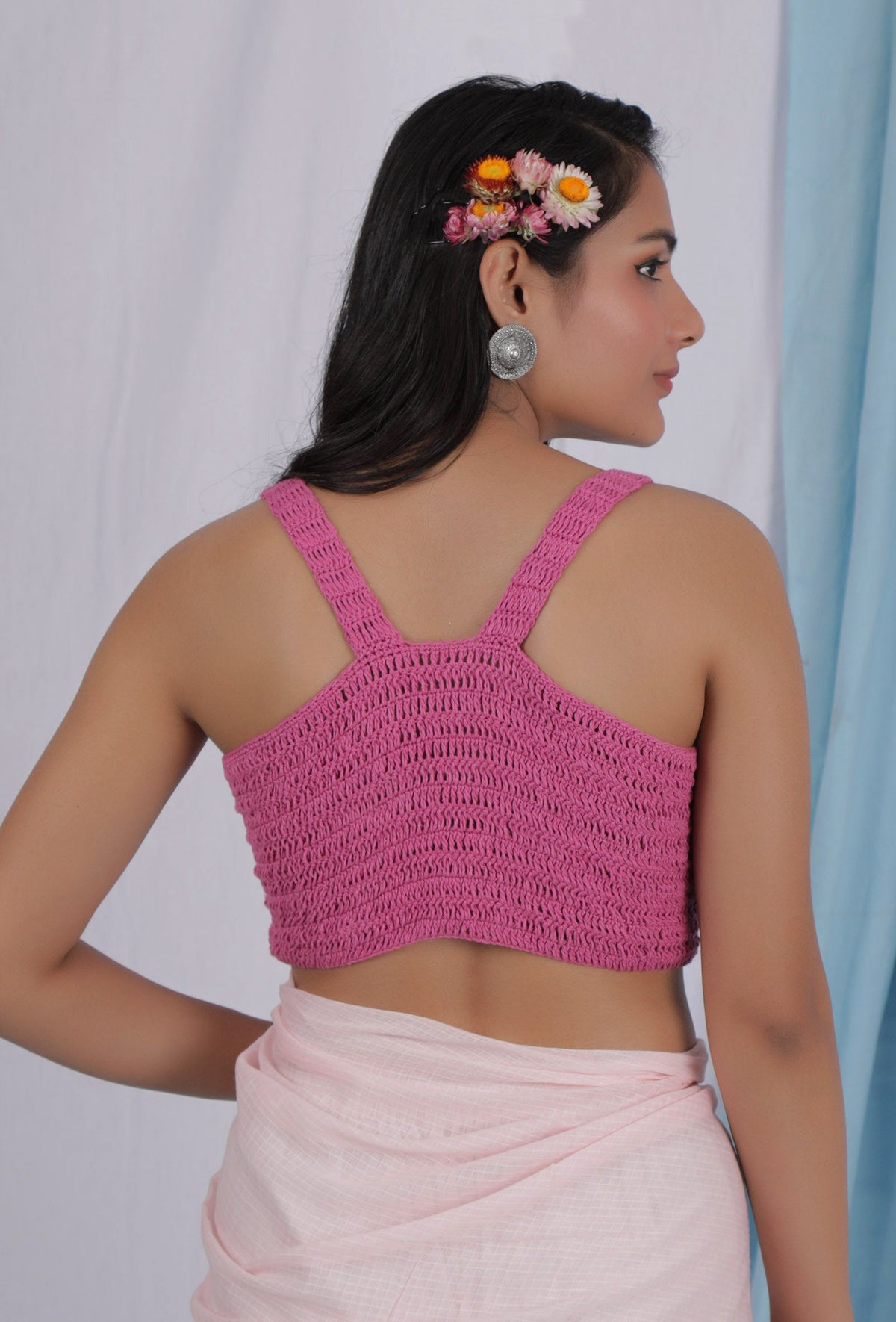Hot Pink Cotton Handmade Crochet Crop Top サイズ XL
