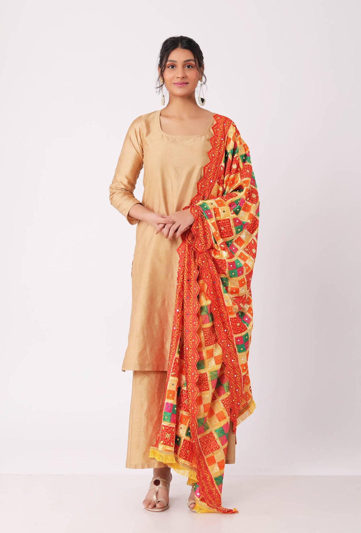 Narangi Allover Embroidered Phoolkari Dupatta