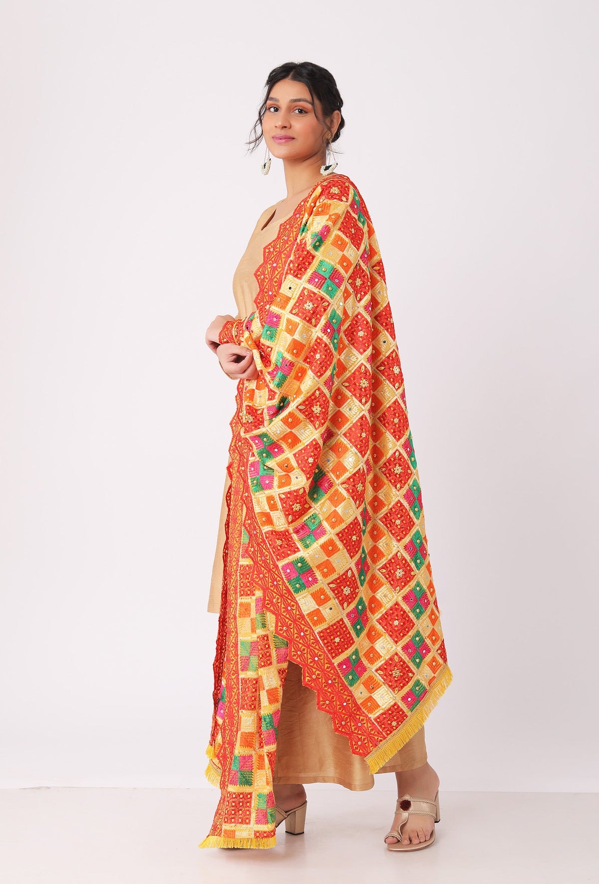 Narangi Allover Embroidered Phoolkari Dupatta