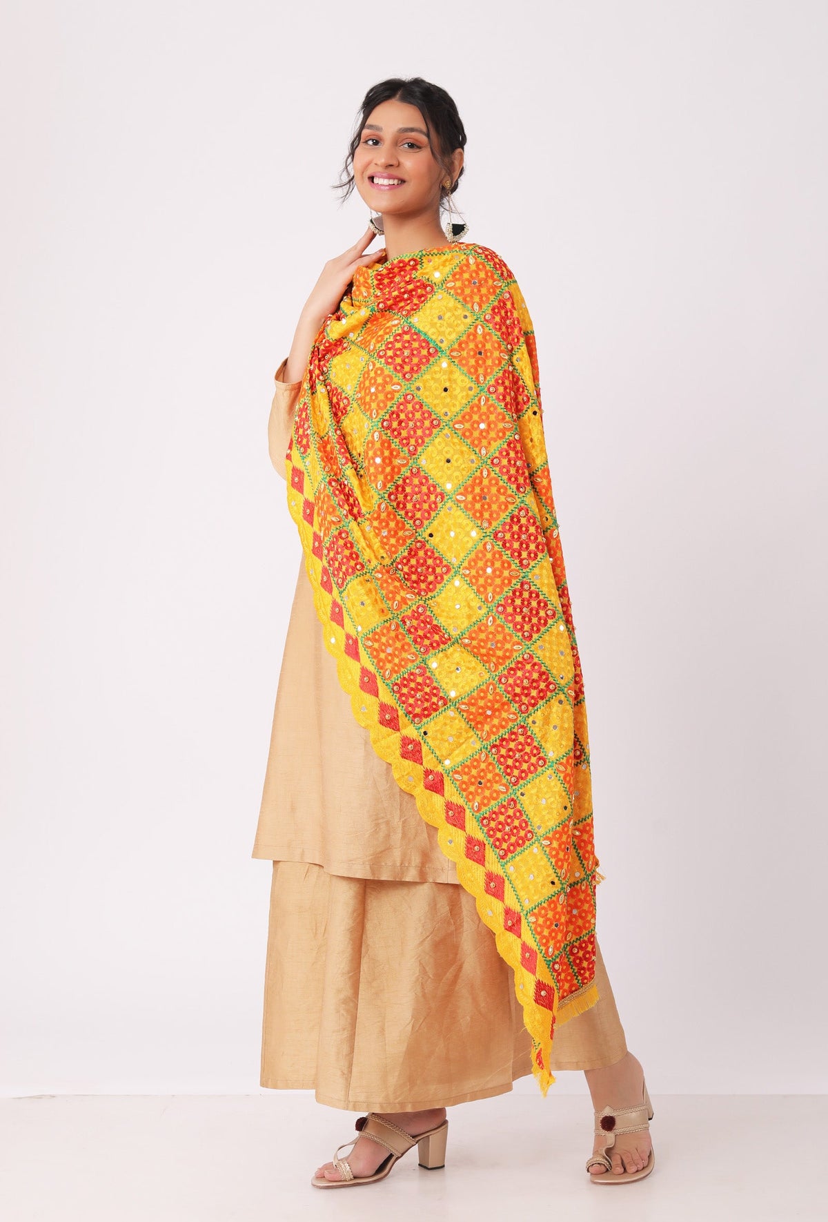 Mustard Allover Embroidered Phoolkari Dupatta
